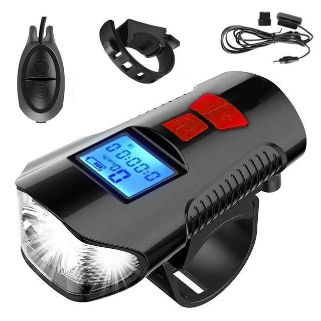 Lanterna LED e Buzina para Bicicleta com Velocímetro e Carregamento USB