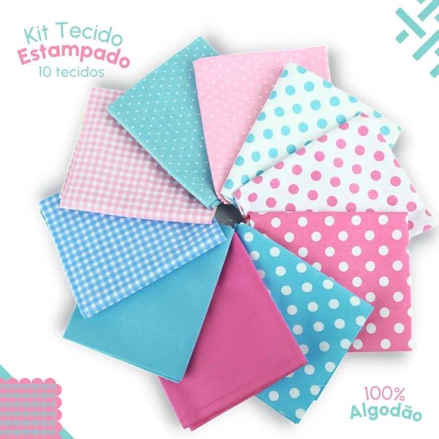 Kit de 10 Panos de Tecido Tricoline Estampado e Liso 53x46 cm - 100% Algodão 3A Nybc