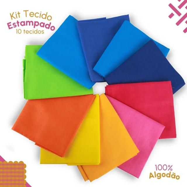 Kit com 10 Tecidos Tricoline Estampados e Lisos 53x46 cm - 100% Algodão - 4A Nybc