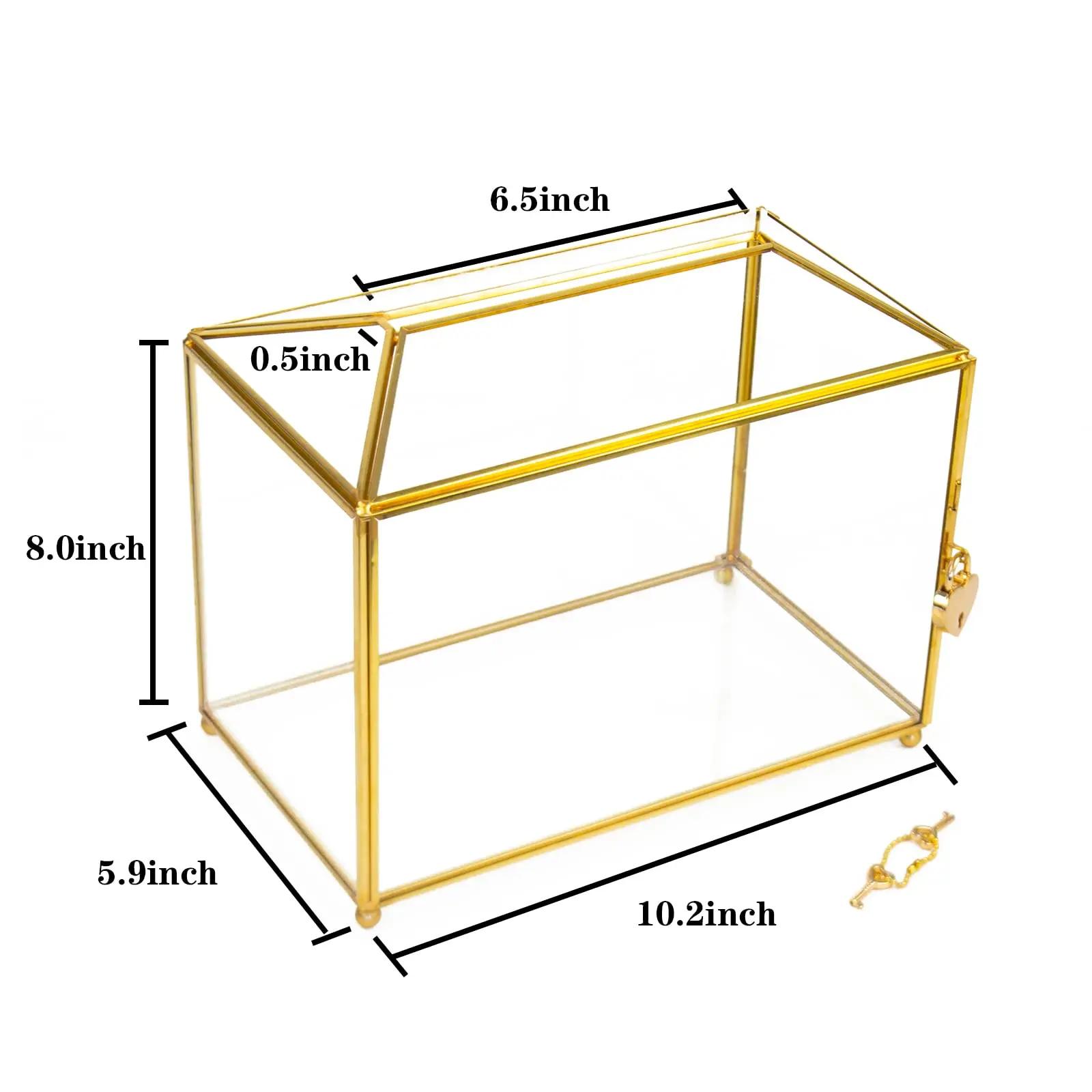 Grande Caixa De Cartão De Vidro, Feito À Mão Com Slot E Bloqueio, Cartões De Presente De Graduação, Festa, Terrário Geométrico De Latão, Caixa Dourada - Image 1
