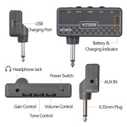 VITOOS-ROCK guitarra fone de ouvido amp 1/4 Polegada plug 3.5mm fone de ouvido jack & aux in com volume de ganho built-in bateria recarregável - Image 4
