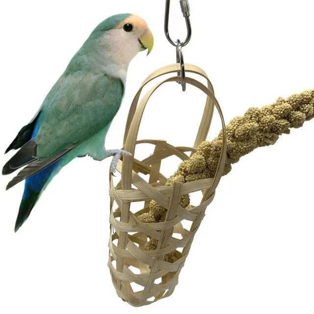 Alimentador de Pássaros em Bambu Burlywood com Suporte para Gaiola - 2 Peças para Pequenos Papagaios e Animais de Estimação