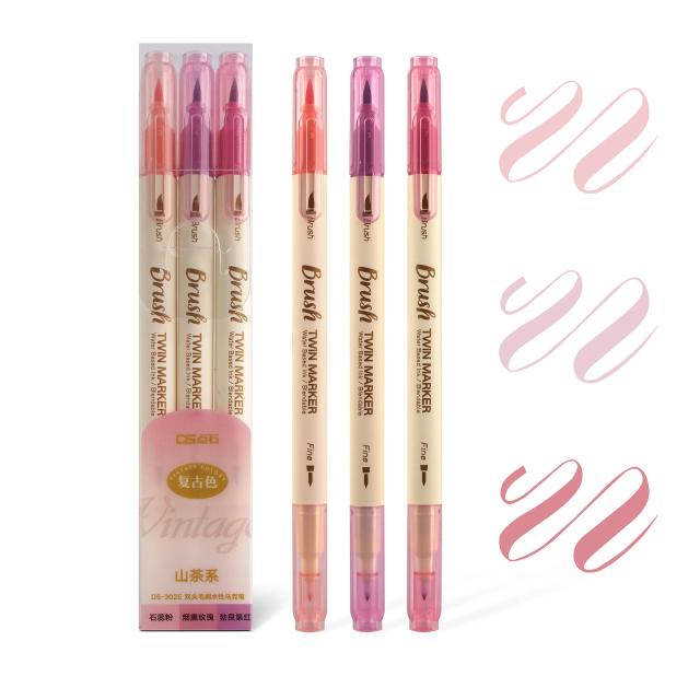 Conjunto de Canetas Retrô Dupla com Pincel - Tinta Aquarela Misturável para Artes e Escola - A6133 com 3 Peças