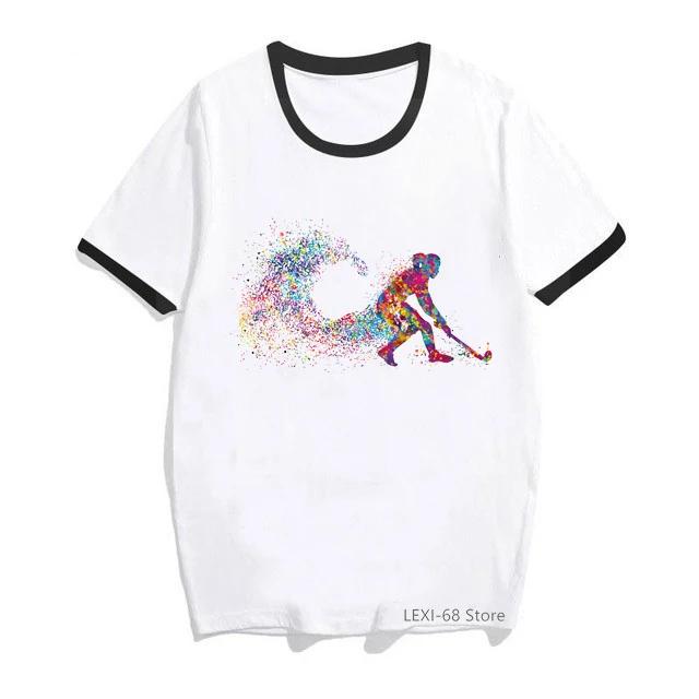 Camiseta Feminina de Verão com Estampa em Aquarela de Hóquei para Meninas - Manga Curta e Estilo Streetwear