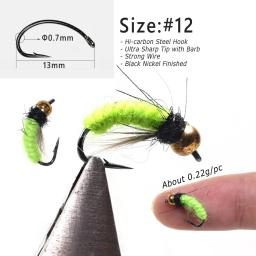 Bimoo 6PCS # 12 fluorescente ninfa scud bug worm mosca uv latão grânulo cabeça moscas molhadas grayling pesca isca de mosca afundando rápido - Image 3