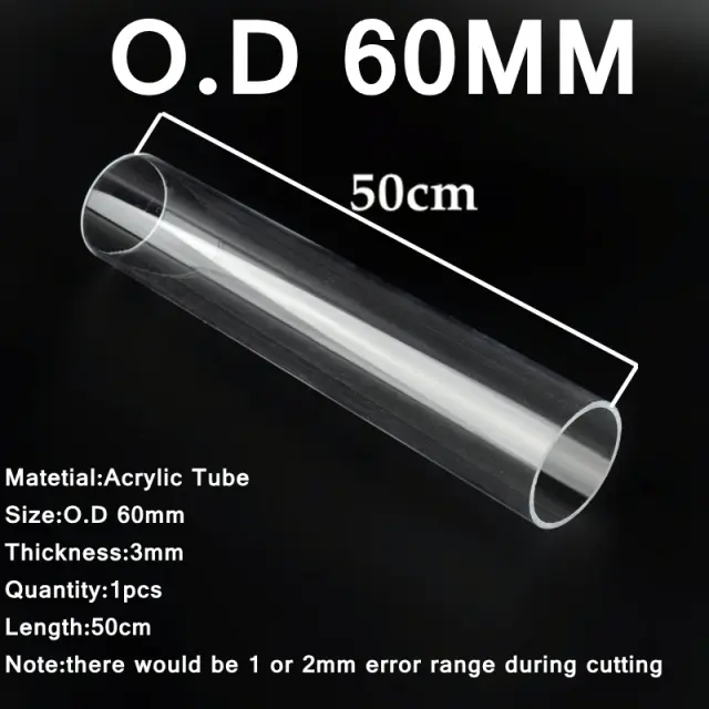 Tubo de Acrílico Transparente O.D para Aquários – Acessórios em Plexiglass para Pesca e Jardinagem, Corte Longo de 50cm, Disponível em Vários Diâmetros