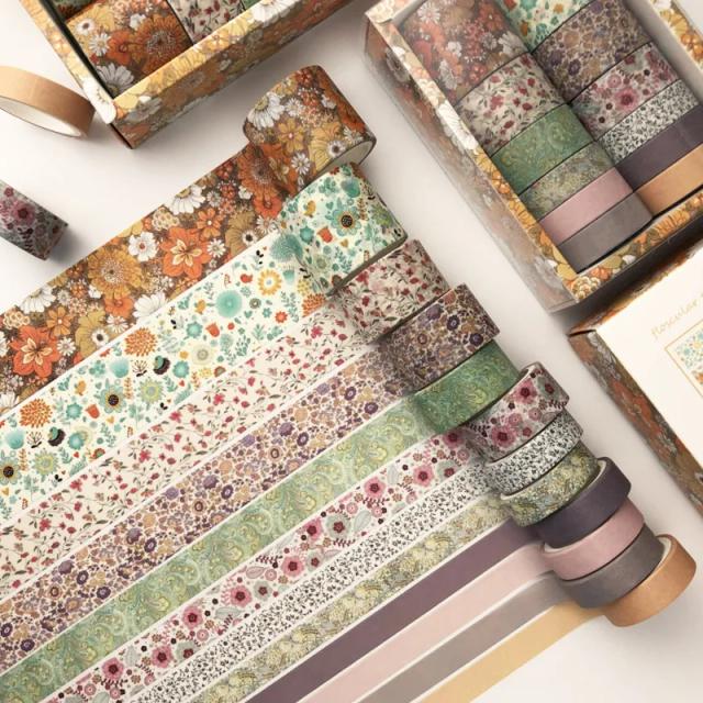 Fita Washi Decorativa de Outono - Conjunto com 12 Rolos Florais para Scrapbook e Artesanato DIY