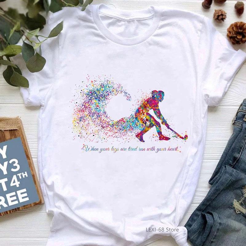 Campo de hóquei menina impressão em aquarela t camisa das mulheres branco tshirt feminino verão topos manga curta camiseta femme streetwear - Image 1