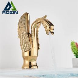 Ouro torneira da bacia de bronze deck monte banheiro torneiras forma cisne único punho pia lavatório misturador água quente e fria - Image 1