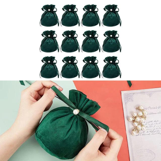 Conjunto de 12 Malotes de Veludo Verde com Cordão, 10x12cm - Para Jóias e Embalagens de Presente