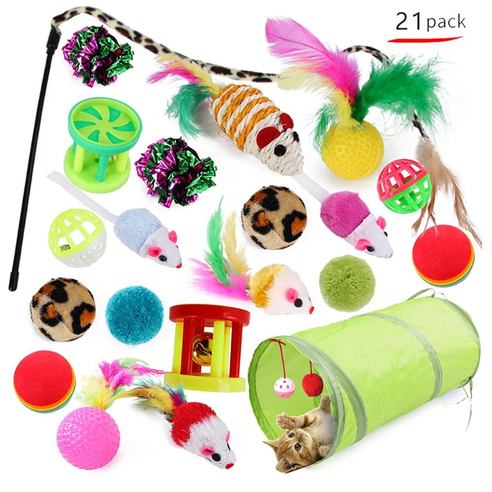 Kit de brinquedos do túnel dobrável para gato, canal divertido, bolas de penas, forma de ratos, gatinho, brincadeiras interativas, 21pcs - Image 1