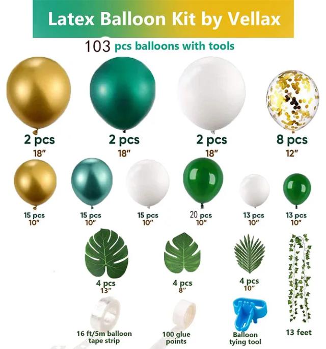 Kit Completo de Balões e Acessórios para Festa Temática Safári com 120 Peças em Verde e Dourado