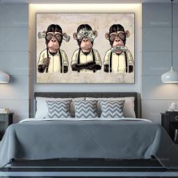 Arte de parede de três macacos sages, não pode ou falar sobre tela maligna, arte de rua de macaco engraçado de 3 painéis, pôster de graffiti - Image 4