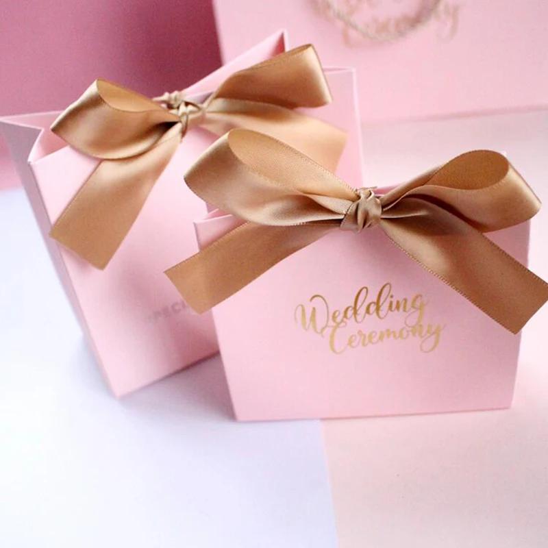 Sacos De Presente De Papel Com Fita Gravata, Adequado Para Presentes Casamento Aniversário Doces Acessórios Embalagem, Estilo De Luxo, Rosa Laminado - Image 1