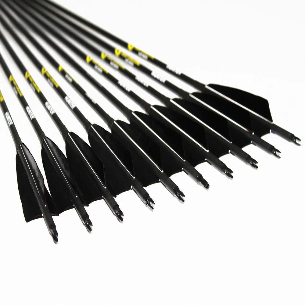 12 pçs setas de carbono tiro com arco spine300 340 400 500 600 4 Polegada peru fletching pena id6.2mm 100gr campo pontos arco tradicional - Image 1