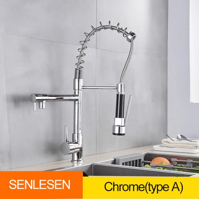 Torneira de Cozinha Sennesen Spring Pull Down com Bicos Duplos e Misturador Quente e Frio em Latão Montado no Deck