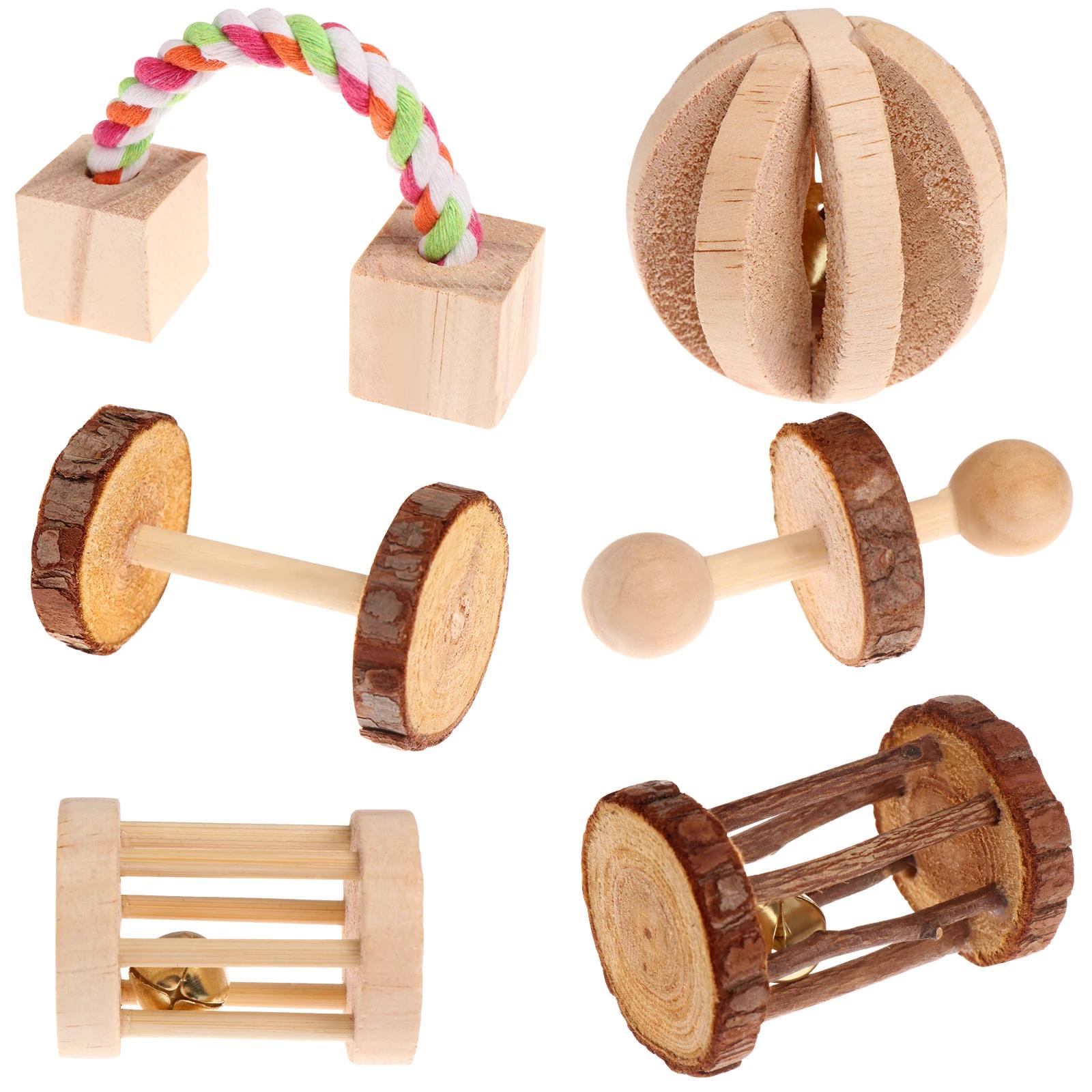 6 Pçs/set Pet Hamster Mastigar Brinquedos Acessórios Gaiola de Chinchila Coelho Brinquedos De Madeira De Madeira Natural do Exercício Do Dumbbell Sino Rolo - Image 1