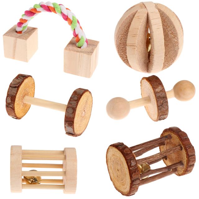 Conjunto de 6 Brinquedos de Madeira Natural para Hamsters, Chinchilas e Coelhos - Acessórios Ideais para Exercício e Diversão