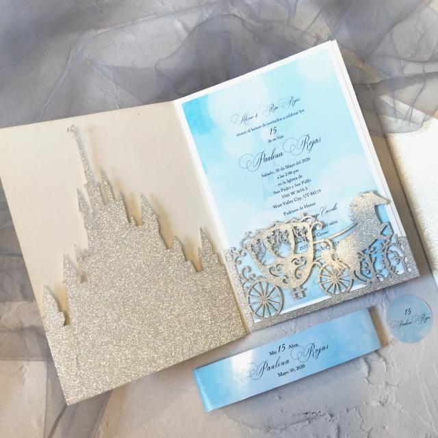 Convites de Casamento Luxuosos Corte a Laser com Impressão Personalizada de Castelo e Transporte, Design Tri Fold para Decoração de Festas e Aniversários