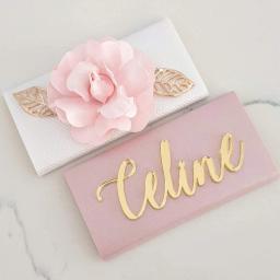 12 pçs mesmo personalizado corte a laser acrílico ouro espelho placas nome do bebê decorado chocolate batismo & batismo caixa banner - Image 1