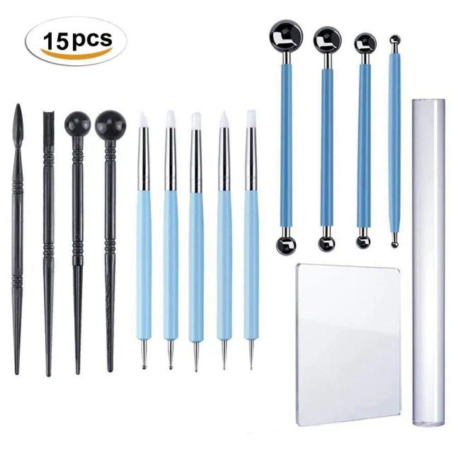 Kit Completo de Ferramentas para Arte DIY com 15 Peças - Inclui Bola Stylus, Multiferramentas para Cerâmica e Escultura, Ideal para Modelagem e Decoração de Fondant