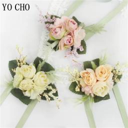 Meninas da dama de honra pulso flores fita rosa pulseiras cerimônia festa casamento baile de formatura flor noivo boutonniere casamento pulso corsage - Image 1