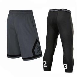 Homens conjuntos de basquete esporte ginásio terno de treino de secagem rápida shorts + collants masculino exercício de futebol caminhadas correndo fitness treino 162s - Image 3