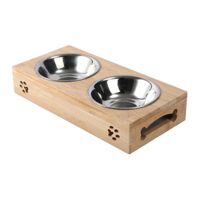 Suporte de Bambu Contínuo para Alimentador de Animais com Bacia de Aço Inoxidável Removível para Gatos e Cães Pequenos, Ideal Presente Prático e Durável