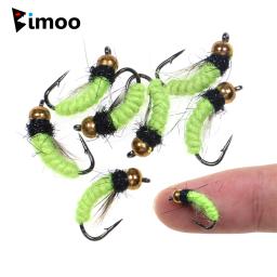 Bimoo 6PCS # 12 fluorescente ninfa scud bug worm mosca uv latão grânulo cabeça moscas molhadas grayling pesca isca de mosca afundando rápido - Image 1
