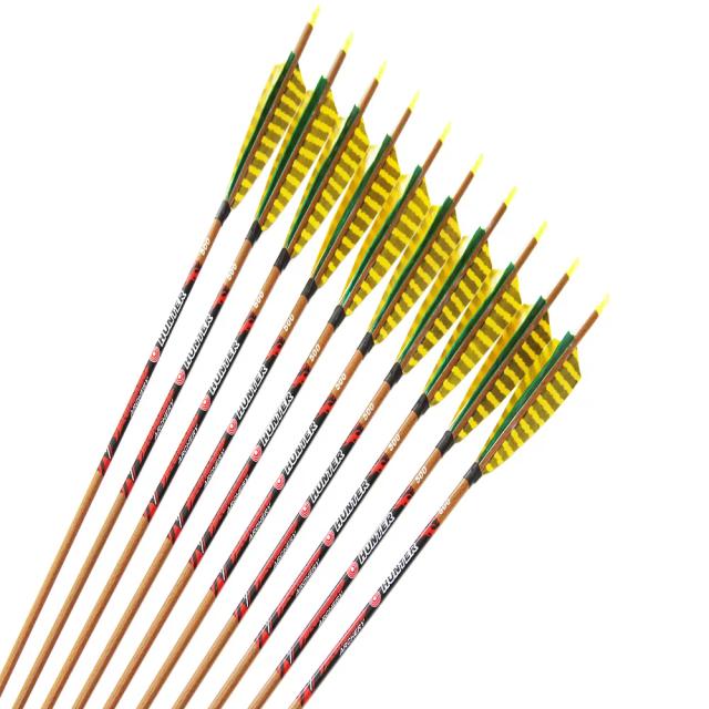 Dechuang flechas de carbono tiro com arco spine340 400 500 600 id6.2mm 5 "listra turquia pena grão madeira para caça arco tradicional 12 pçs