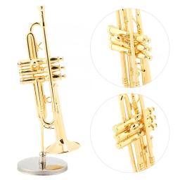 Réplica miniatura trompete com suporte e estojo, modelo de instrumento banhado a ouro, ornamentos musicais - Image 3