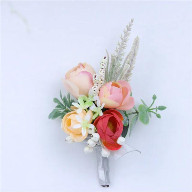 Boutonniere de Rosa Seda Meldel para Damas de Honra e Noivos, Corsage de Casamento em Laranja para Pulso e Braço