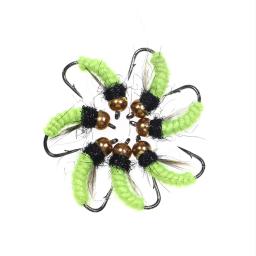 Bimoo 6PCS # 12 fluorescente ninfa scud bug worm mosca uv latão grânulo cabeça moscas molhadas grayling pesca isca de mosca afundando rápido - Image 4