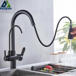 Torneiras De Cozinha De Purificação De Rozin, Retire A Torneira De Filtro De Água, Misturador De 3 Vias, Preto, Guindaste - Image 1