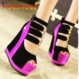 Sandálias plataforma de couro genuíno para mulheres, salto alto 14cm cunhas, cores misturadas, sapatos sexy, novo verão 2021 - Image 1