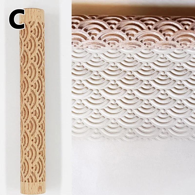 Molde de polímero 15*2cm da argila do rolo da lama da vara do relevo do teste padrão da grão de madeira da escultura do rolo da pressão da mão das ferramentas da cerâmica - Image 1