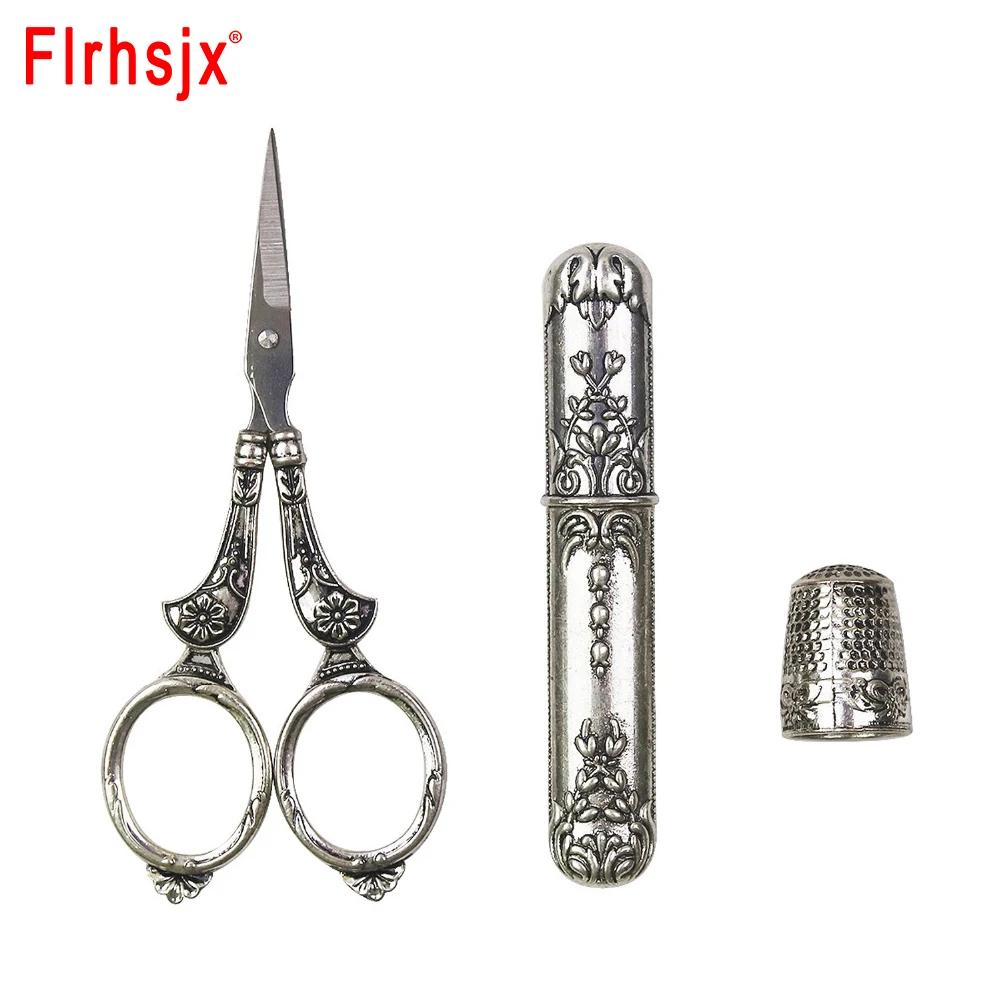 3 pçs pacote europeu vintage kits de costura tesoura de costura metal dedal agulha caso ponto cruz bordado costura artesanato ferramentas - Image 1