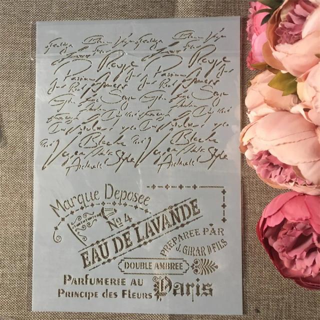 Conjunto de 4 Estênceis A4 com Letras Onduladas e Flores para Pintura e Scrapbook Decorativo