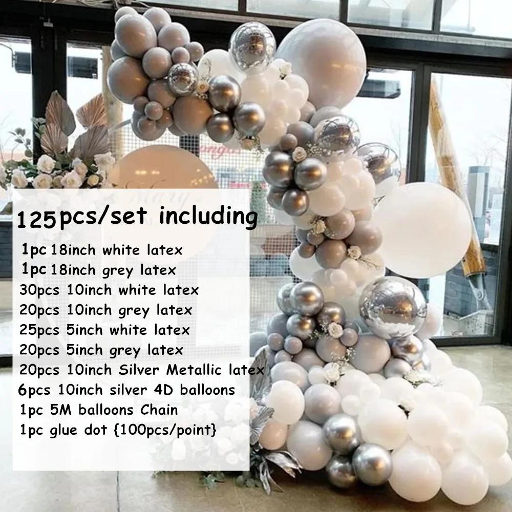 Kit de balões metalizados em prata branco, 125 pçs, arco, guirlanda 4d, bola, chá de bebê, decoração de casamento, plano de fundo, parede, suprimentos para festas - Image 1