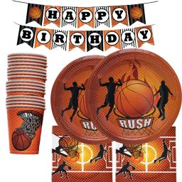 Conjunto de artigos para festas de basquete banner pratos copos guardanapos toalha de mesa bolo toppers tema esporte festa de aniversário decoração meninos - Image 1