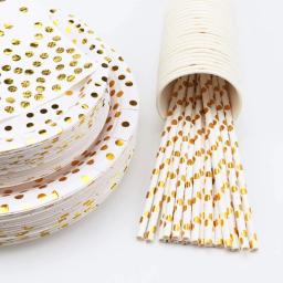 Louça descartável para festa de casamento, chapas e copos de papel branco, suprimentos coleção ouro, aniversário do bebê e dia dos pais - Image 6