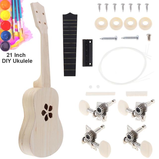 Kit DIY de Ukulele Soprano de Madeira Havaiana com 21 Peças e Buraco de Som - Ideal para Pais e Crianças Fazerem Juntos