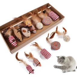 Animais de estimação gatos brinquedos gato vara conjunto de 7 peças animais de estimação gatos jogo interativo brinquedo simulação mouse molar pena suprimentos para animais de estimação presente para o gato - Image 2