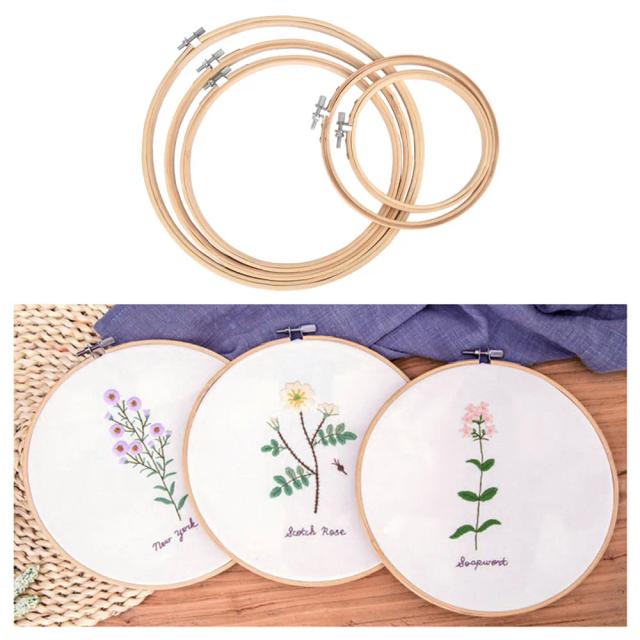 Conjunto de 5 Anéis de Bambu Bordados para Ponto Cruz - Ferramentas de Costura em Madeira para DIY e Artesanato
