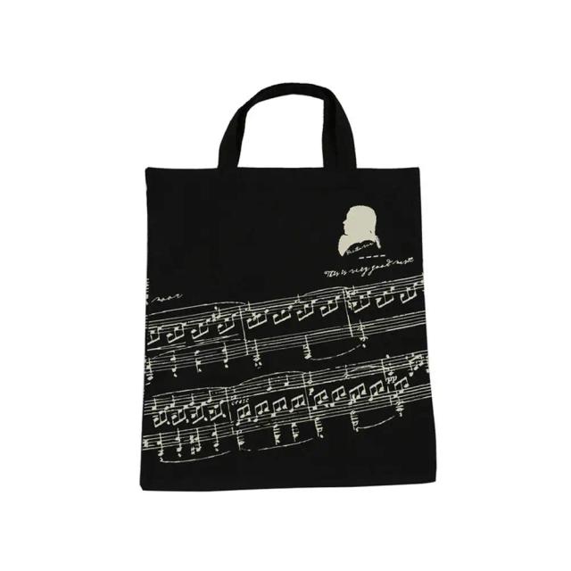 Bolsa de Mão Portátil Musical em Algodão e Linho com Padrão de Teclado e Elementos de Instrumentos, Ideal para Compras e Amantes da Música