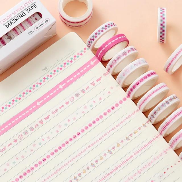 Kit de Fitas Adesivas Decorativas para Journaling com 10 Rolos Coloridos de Washi - 8mm x 3m cada