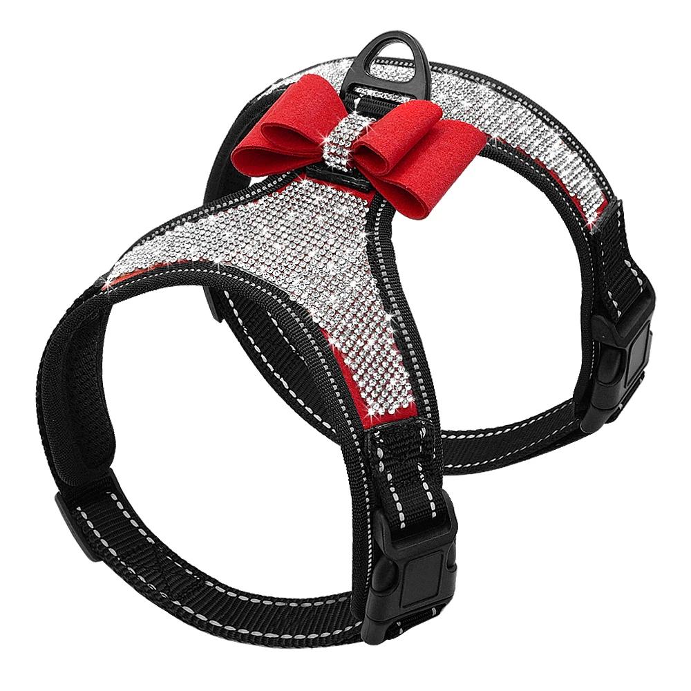 Arnês Refletivo Do Cão Nylon Pitbull Pug Pequeno Médio Cães Arneses Vest Bling Rhinestone Bowknot Dog Acessórios Pet Supplies - Image 1