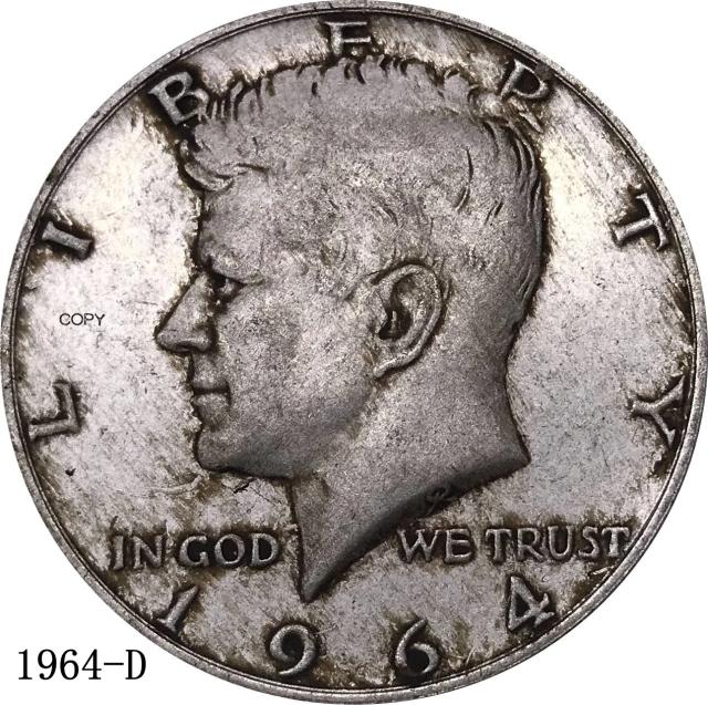 Cópia da Moeda Prateada de 1964 D - Half Dollar Liberty Americana em Cupronickel, Fabricada na China