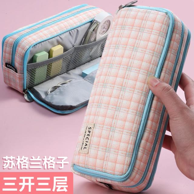 Bolsa Organizadora Kawaii para Lápis com 3 Zíperes e Múltiplos Compartimentos em Design Quadrado