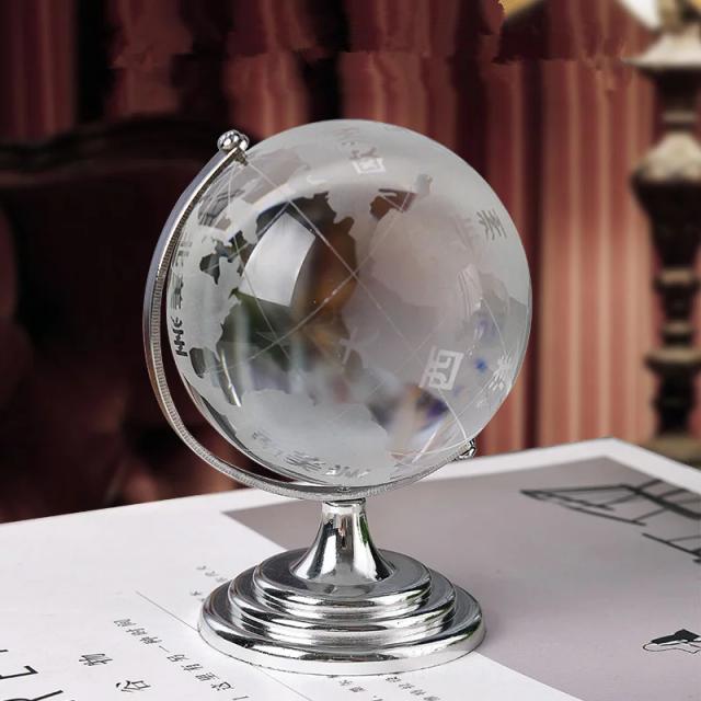 Ornamento de Cristal Globo Terrestre 360° com Suporte Rotativo - Mapa da Terra para Decoração de Escritório e Brinquedos